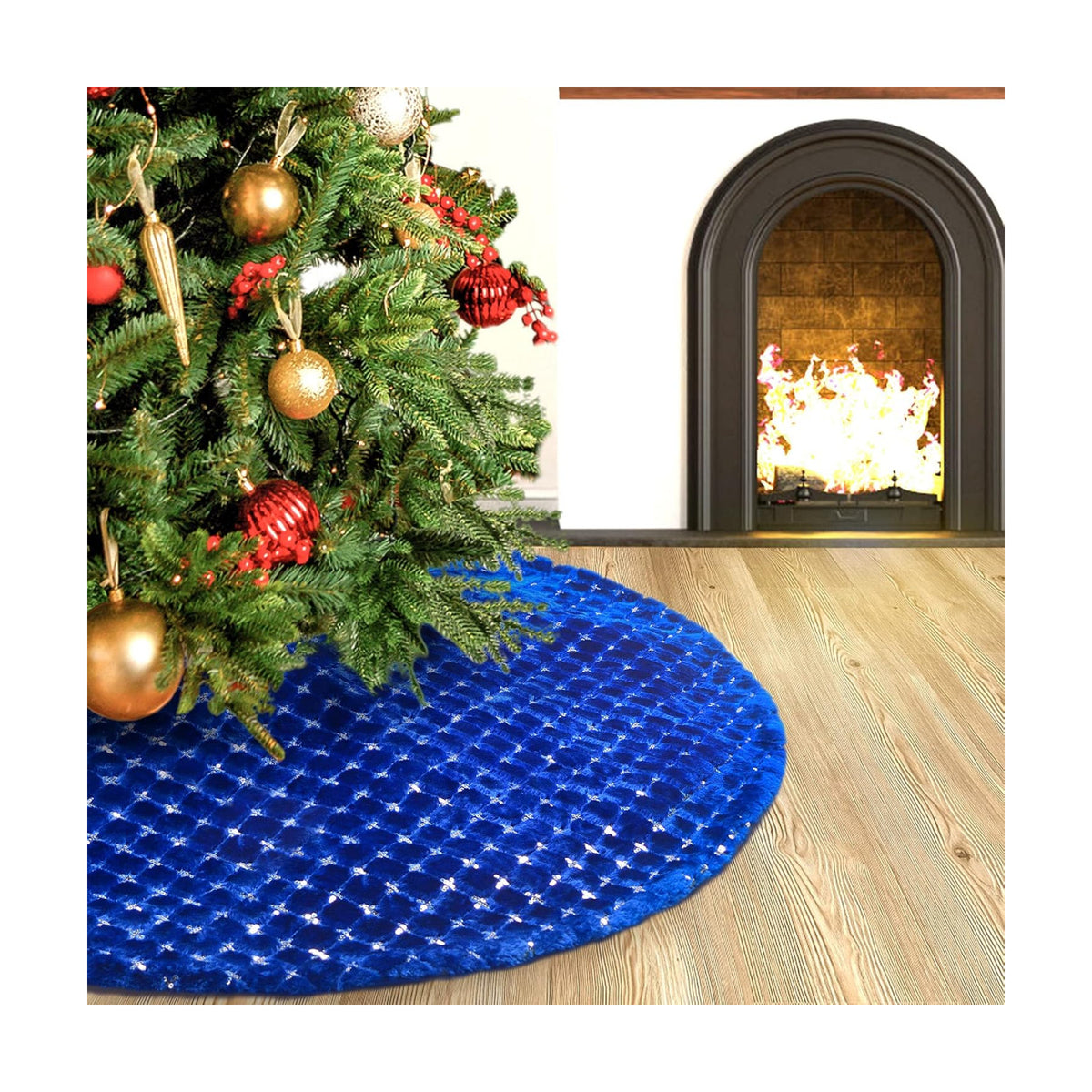 Christmas Tree Skirt Blue 36 Inch Faux Fur with Silver Sequins Soft Thick Plush Tree Skirt for Christmas Holiday Home Decoration