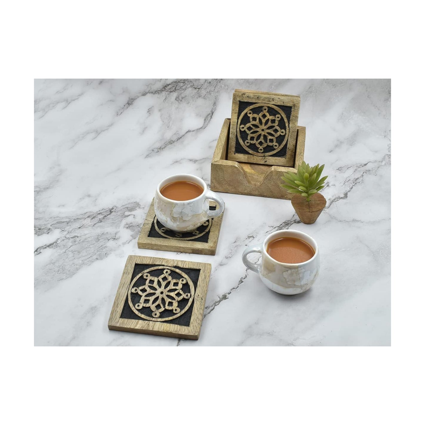Holder for Tea Coffee Beer Wine Glass Drinks Tabletop Protection / Black-mandala Carving / Set of 4