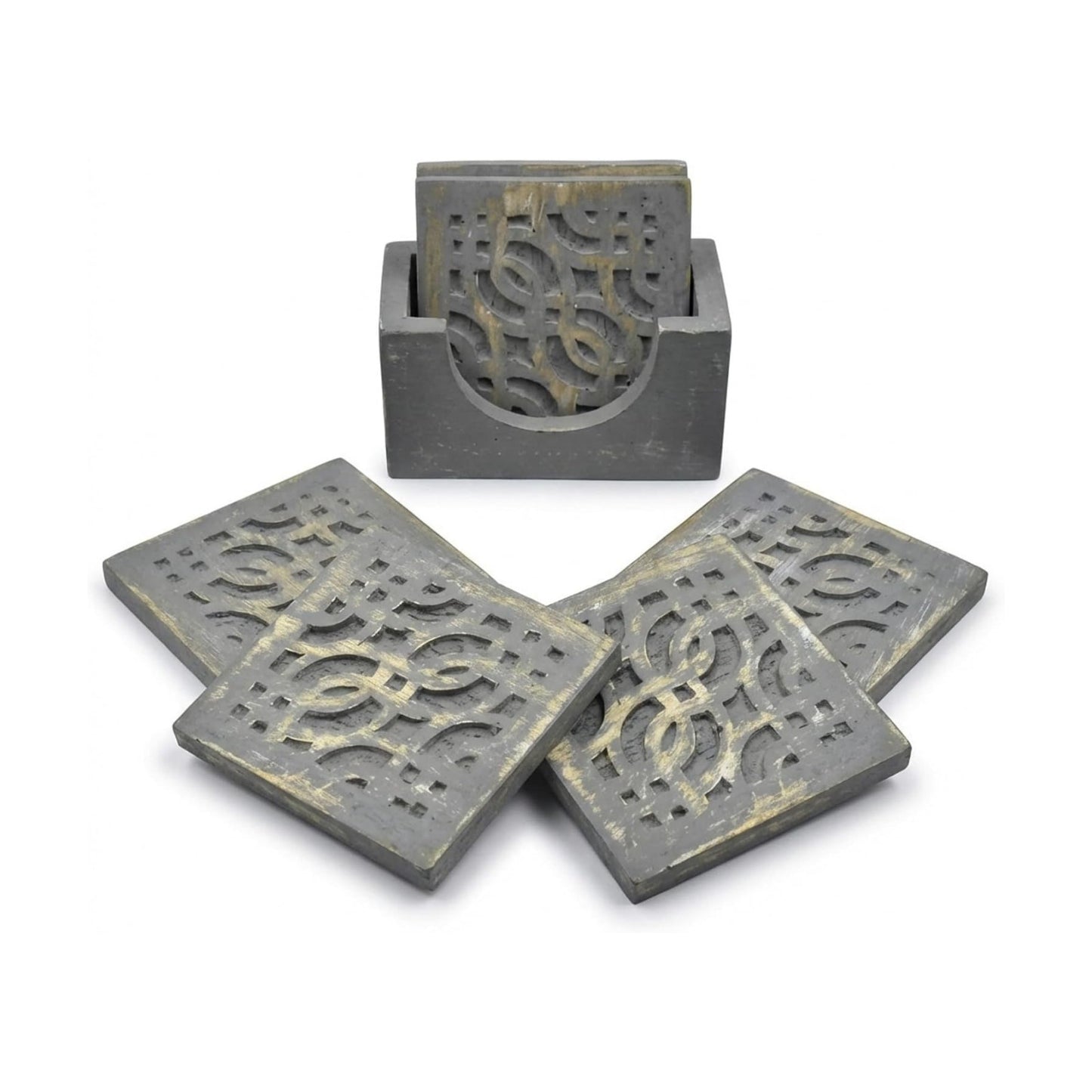 Holder for Tea Coffee Beer Wine Glass Drinks-Grey Finish / Grey-geometrical Carving / Set of 4