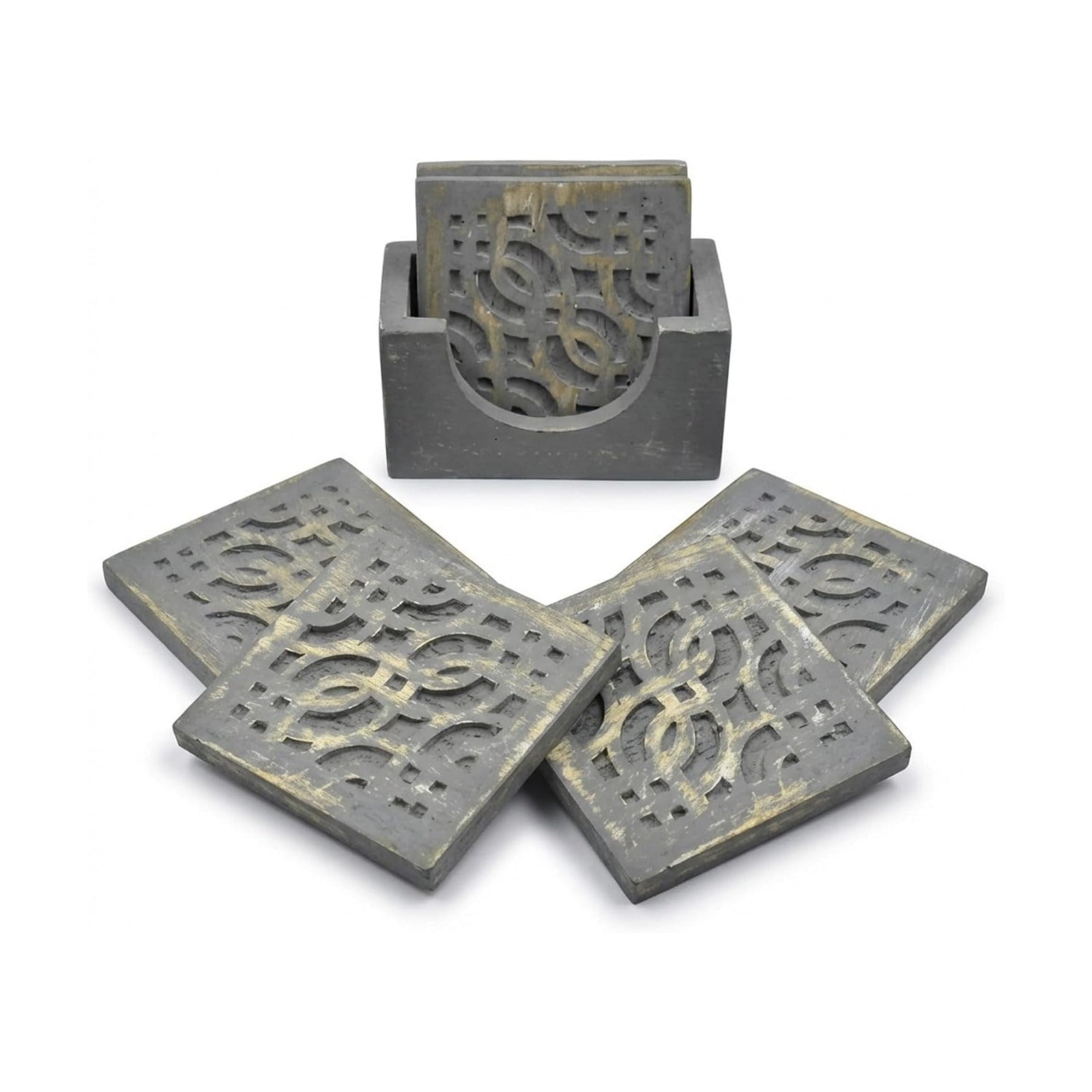 Holder for Tea Coffee Beer Wine Glass Drinks-Grey Finish / Grey-geometrical Carving / Set of 4