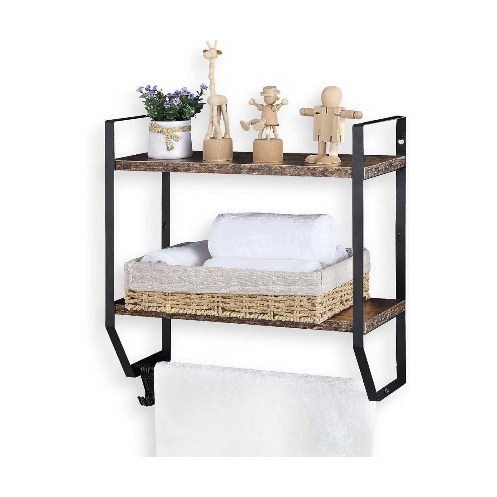 OYEAL Bathroom Shelf with Towel Bar Wall Mounted Towel Rack | Rustic Towel Shelf for Bathroom with 5 Hooks, 2 Tier