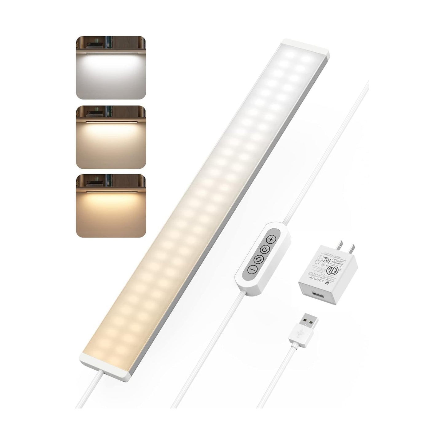 ASOKO Under Desk Light, 16Inch Dimmable LED Under Cabinet Lighting, USB Plug in Cabinet Light for