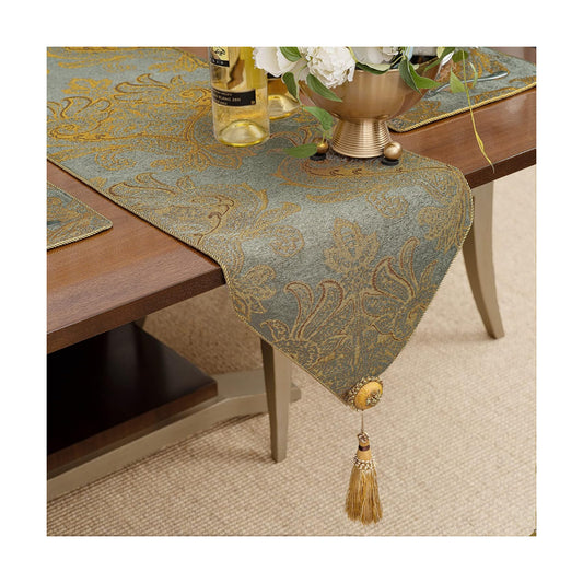 Loom and Mill Luxury Chenille Damask Table Runner 90 inches Long, Blue Gold | Traditional Jacquard Table Runners with