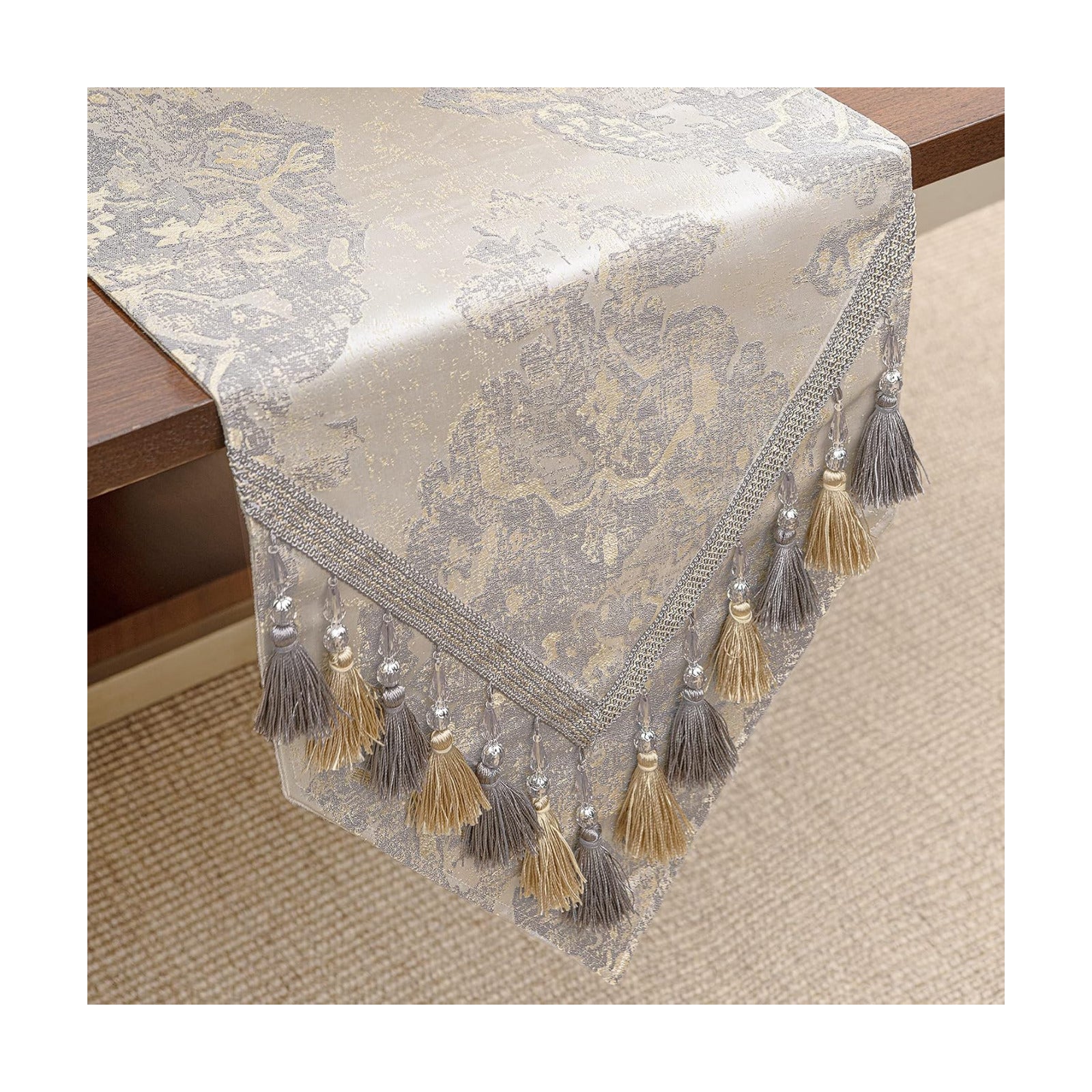 Loom and Mill Luxury Elegant Damask Table Runner 90 inches Long, Beige | Jacquard Table Runners with Handmade