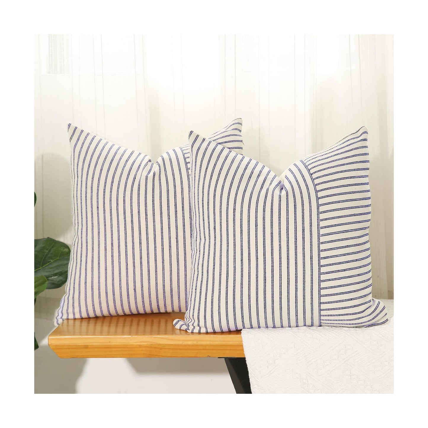 Beige Patchwork Farmhouse Throw Pillow Covers / Navy Blue / 18 x 18 / Set of 2