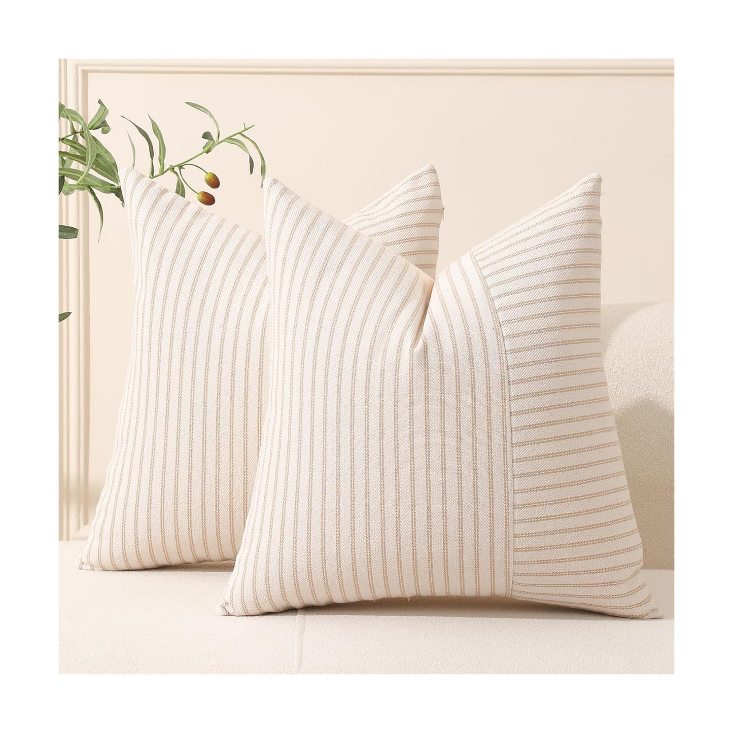 Striped Linen Decorative Pillow / Khaki / 18 x 18 / Beige / Set of 2