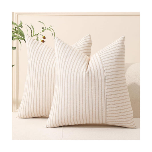 Striped Linen Decorative Pillow / Khaki / 18 x 18 / Beige / Set of 2