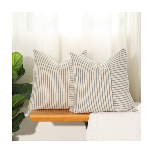 Farmhouse Throw Pillow Covers Striped Linen Decorative Pillows Case / Grey / 18 x 18 / Set of 2