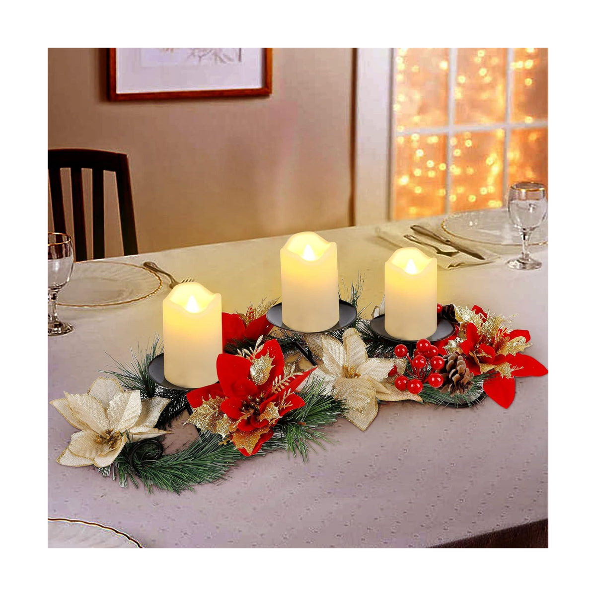 FORUP Christmas Centerpiece, Christmas Candle Holders, Christmas Tabletop Poinsettia Centerpiece with 3 Flameless Candle, Romantic Holiday Candelabrum for Home Party Christmas Table Mantel Decorations