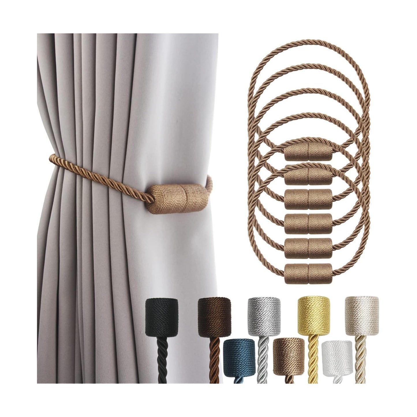 Magnetic Curtain Tiebacks Holdbacks Decorative Tie Backs for Windows Porlau | 6 Pack Khaki Modern Outdoor Drapes