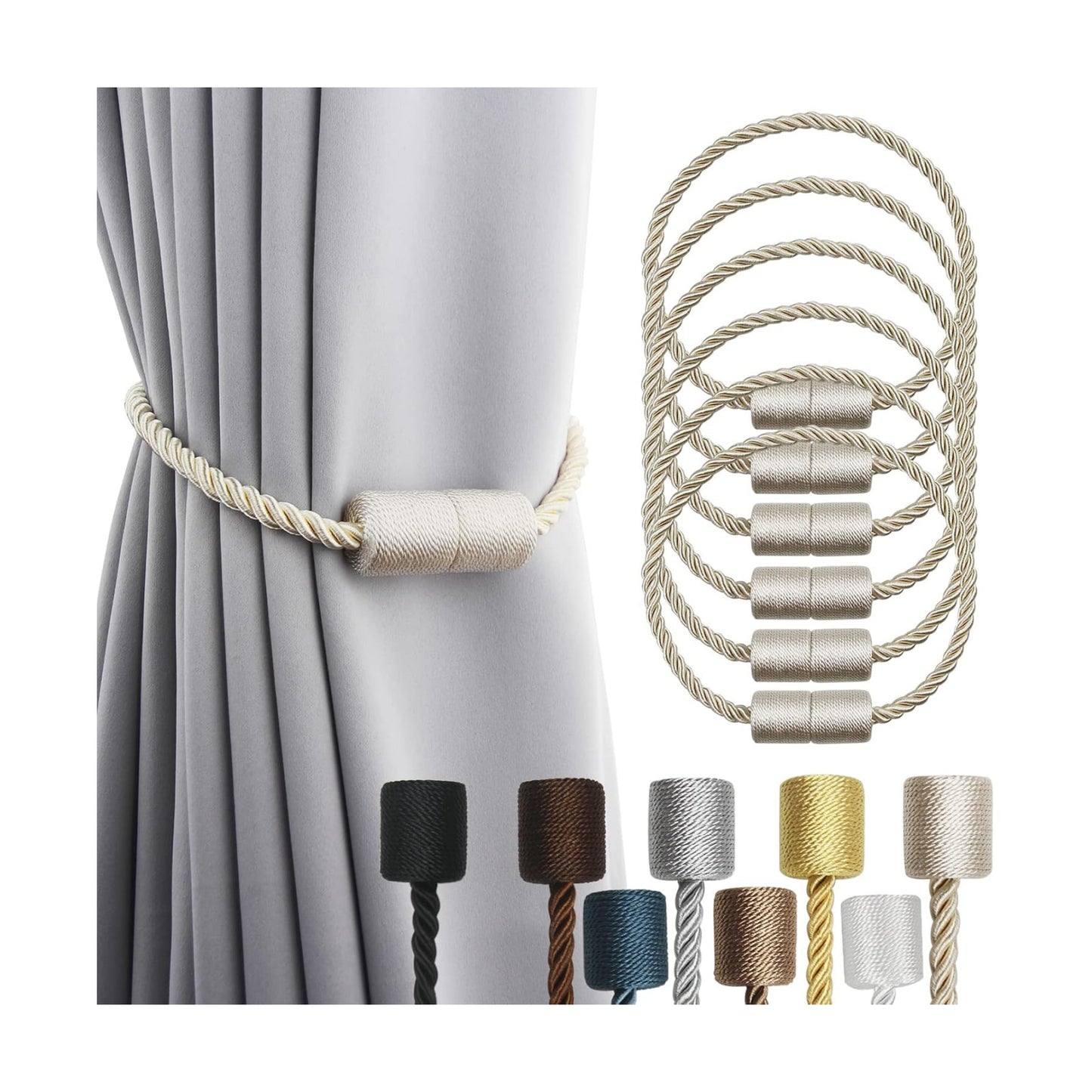 6 Pack Beige Strong Magnetic Curtain Tiebacks Outdoor Elegant Decorative Tie Backs Modern Rope Tiebacks for Drapes