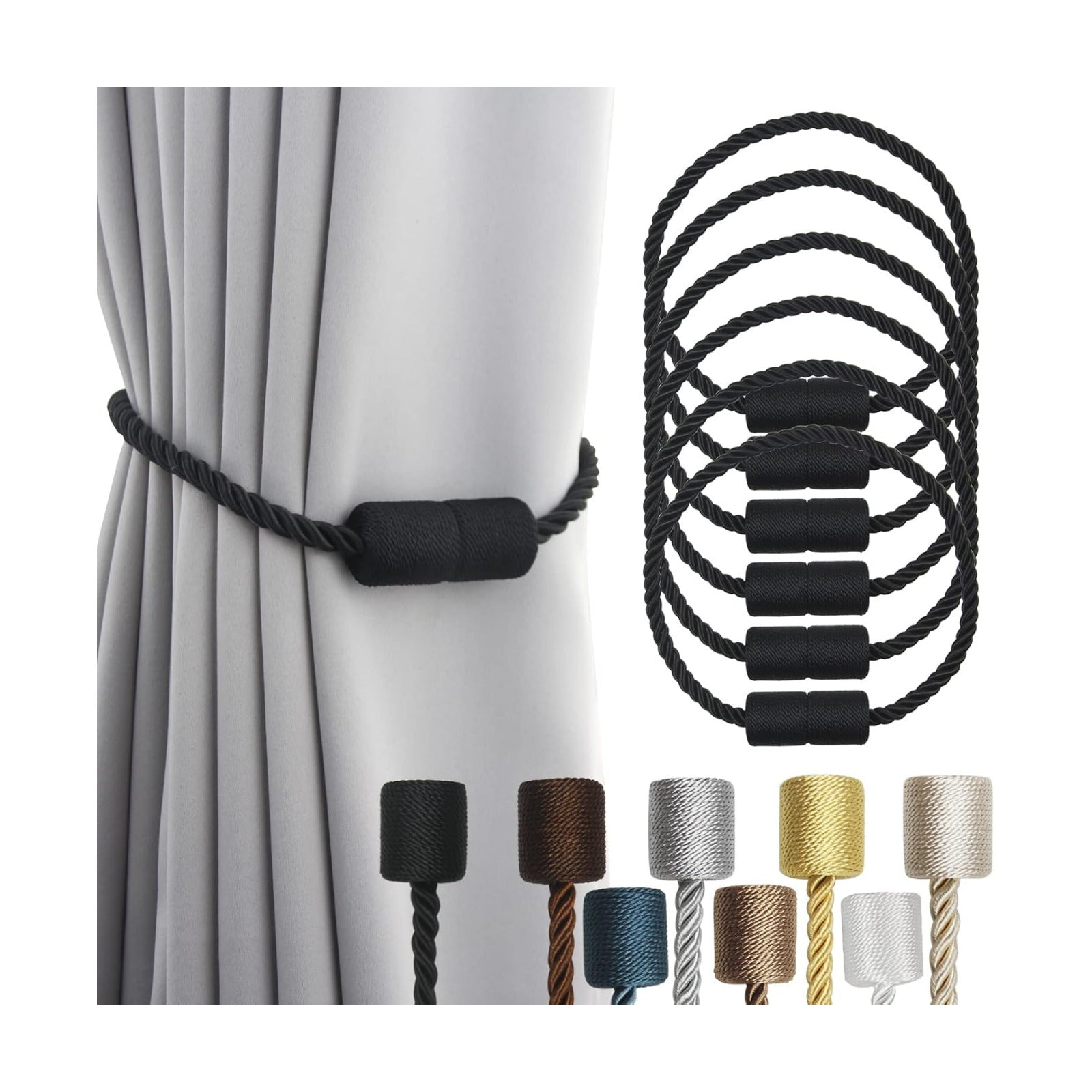 Magnetic Curtain Tiebacks Holdbacks Decorative Tie Backs for Windows Porlau | 6 Pack Black Modern Outdoor Drapes