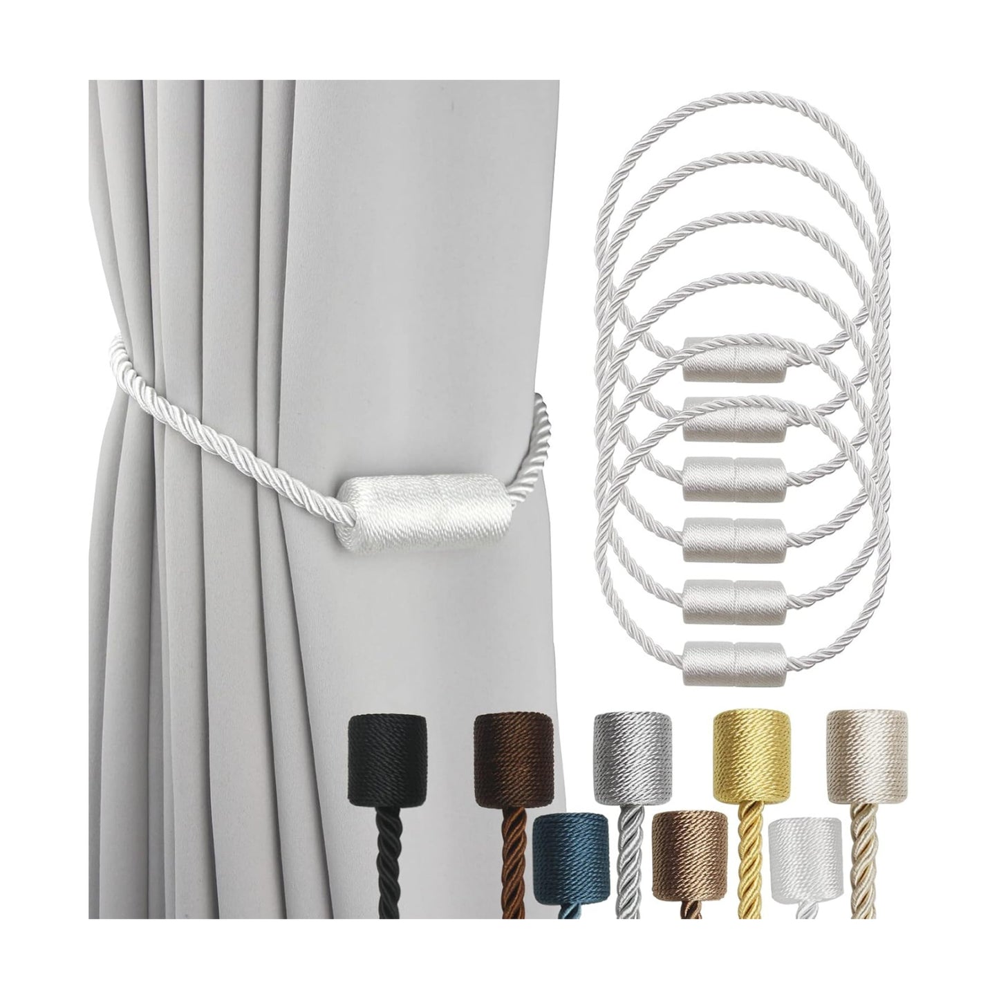 Magnetic Curtain Tiebacks Holdbacks Decorative Tie Backs for Windows Porlau | 6 Pack White Modern Outdoor Drapes