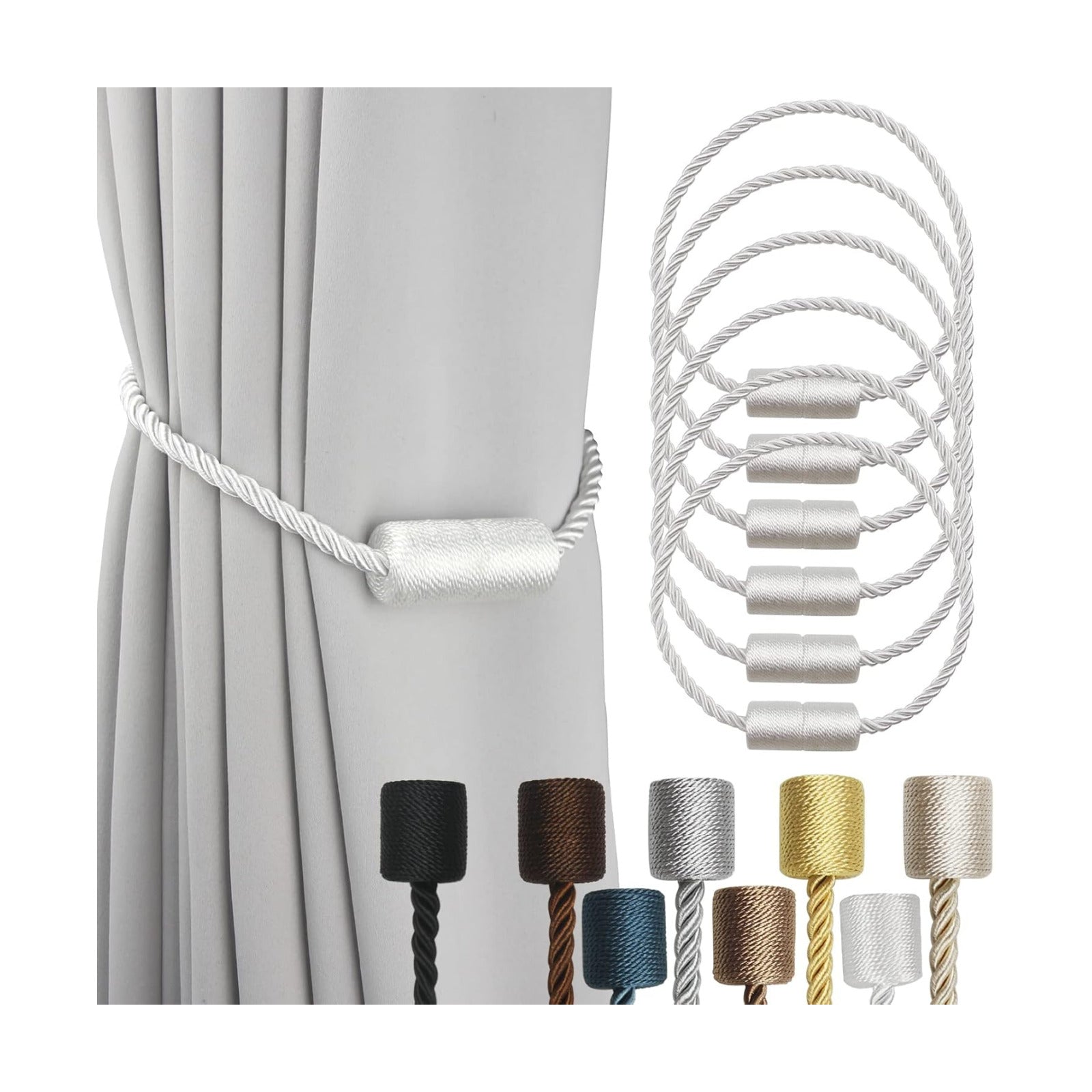 Magnetic Curtain Tiebacks Holdbacks Decorative Tie Backs for Windows Porlau | 6 Pack White Modern Outdoor Drapes