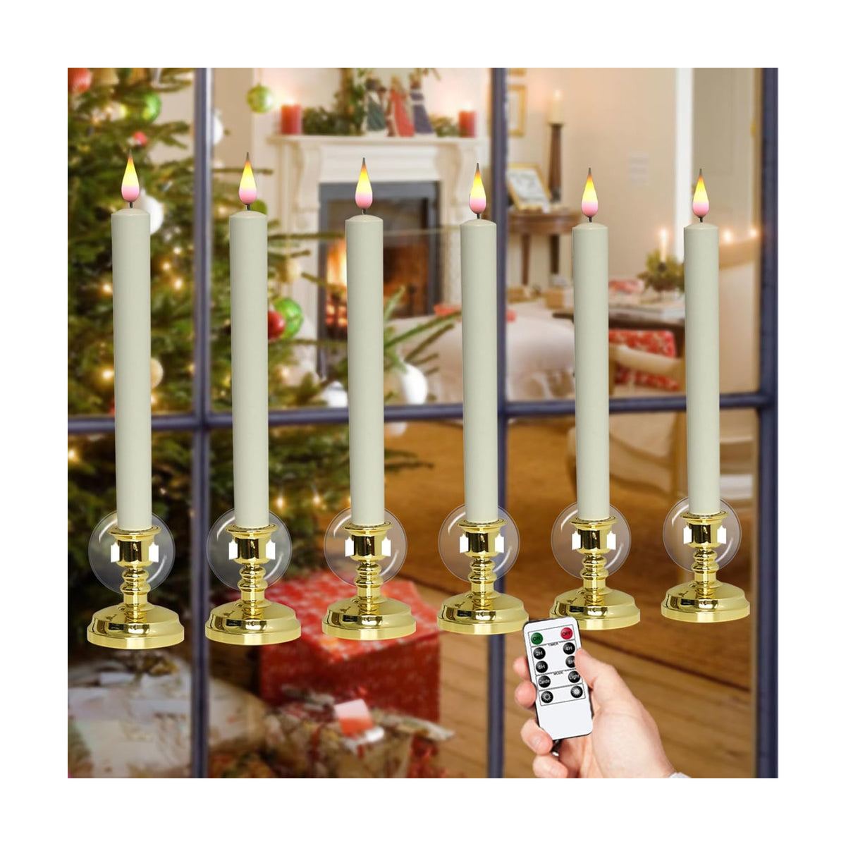 Wondise Flameless Window Candles with Remote & Timer Christmas Decoration, 11 Inches Battery Operated 3D Wick with Purple Yellow Light, 6 Pack Gold Plastic Holder and Suction Cups Included