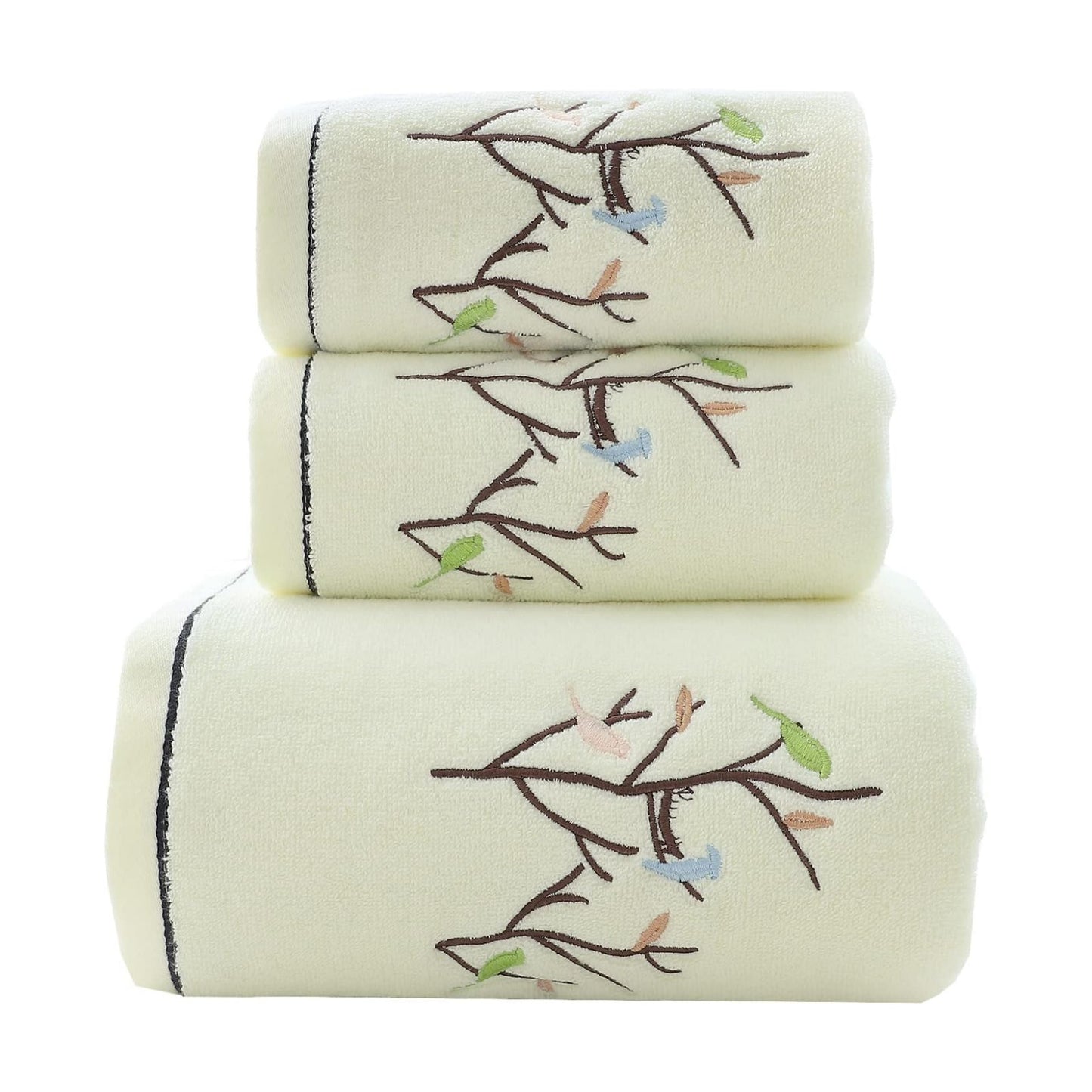 Bath Hand Towel Set of 3 Embroidered Bird Tree Pattern 100% Cotton Soft Absorbent Decorative Towels for Bathroom (Light