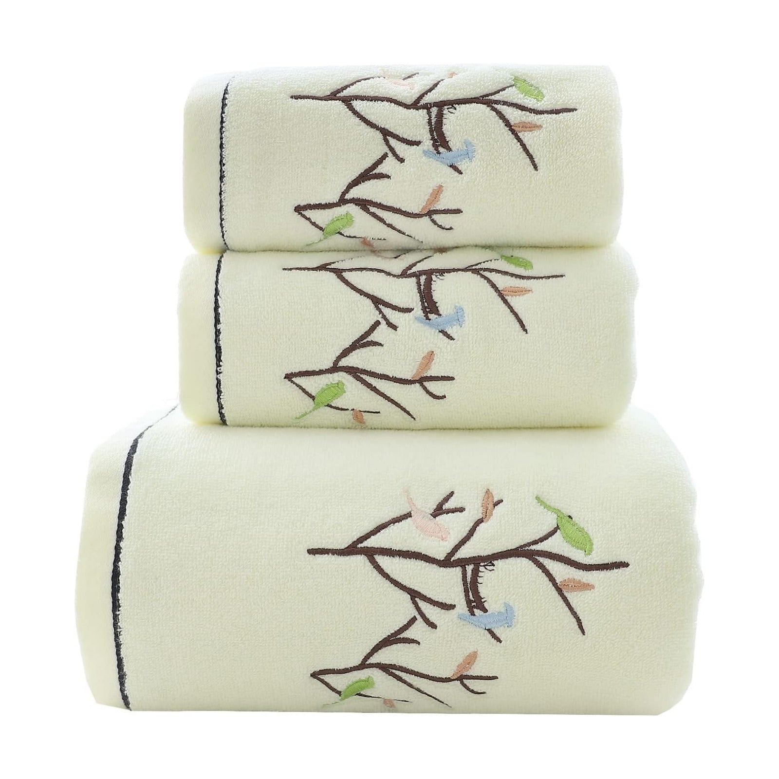 Bath Hand Towel Set of 3 Embroidered Bird Tree Pattern 100% Cotton Soft Absorbent Decorative Towels for Bathroom (Light