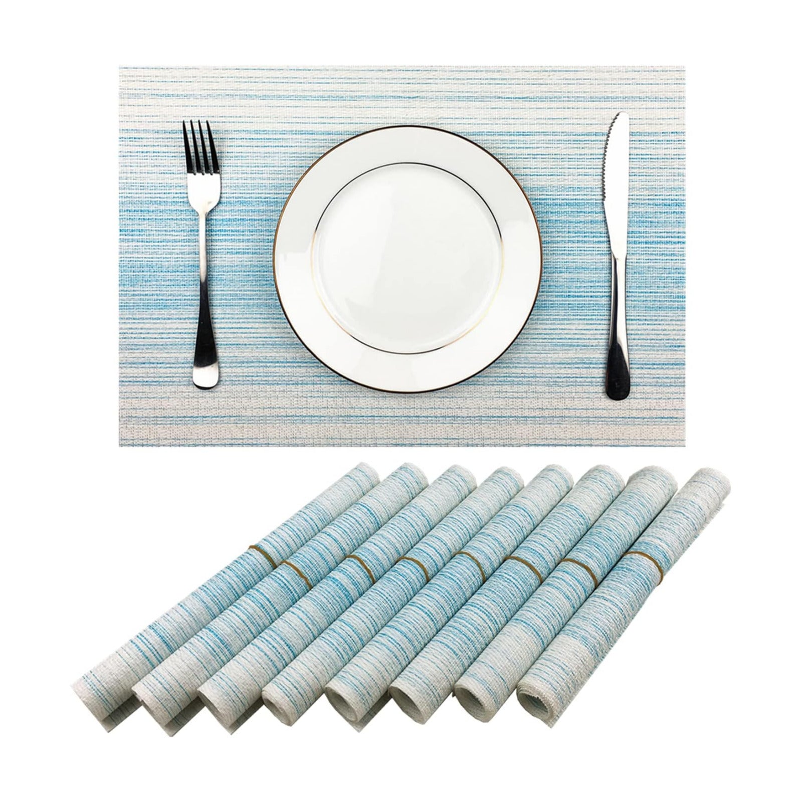 WAZAIGUR Placemats Set of 8, Woven Vinyl Table Placemats, Blue with White | Placemat, Blending Color Durable Washable