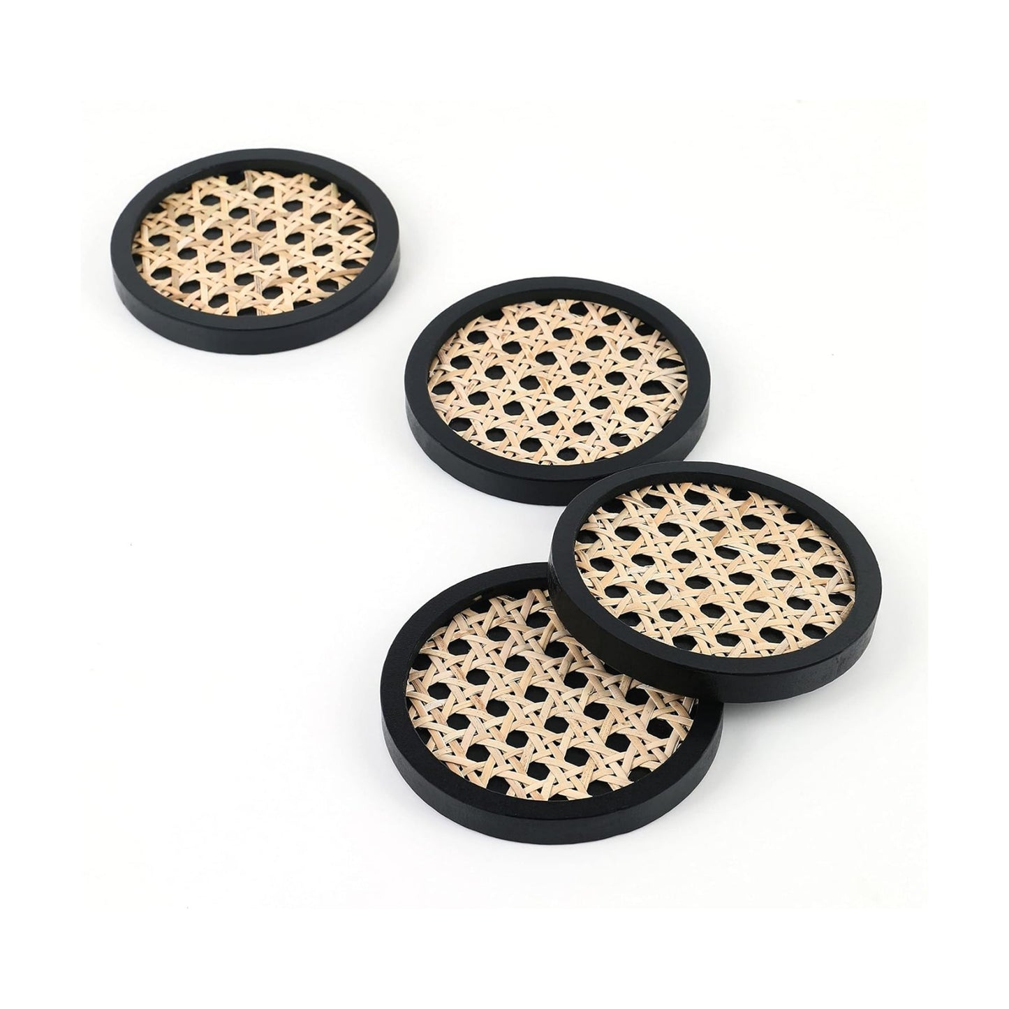 Unique Wooden Rattan Coasters / Round / Black / Set of 4