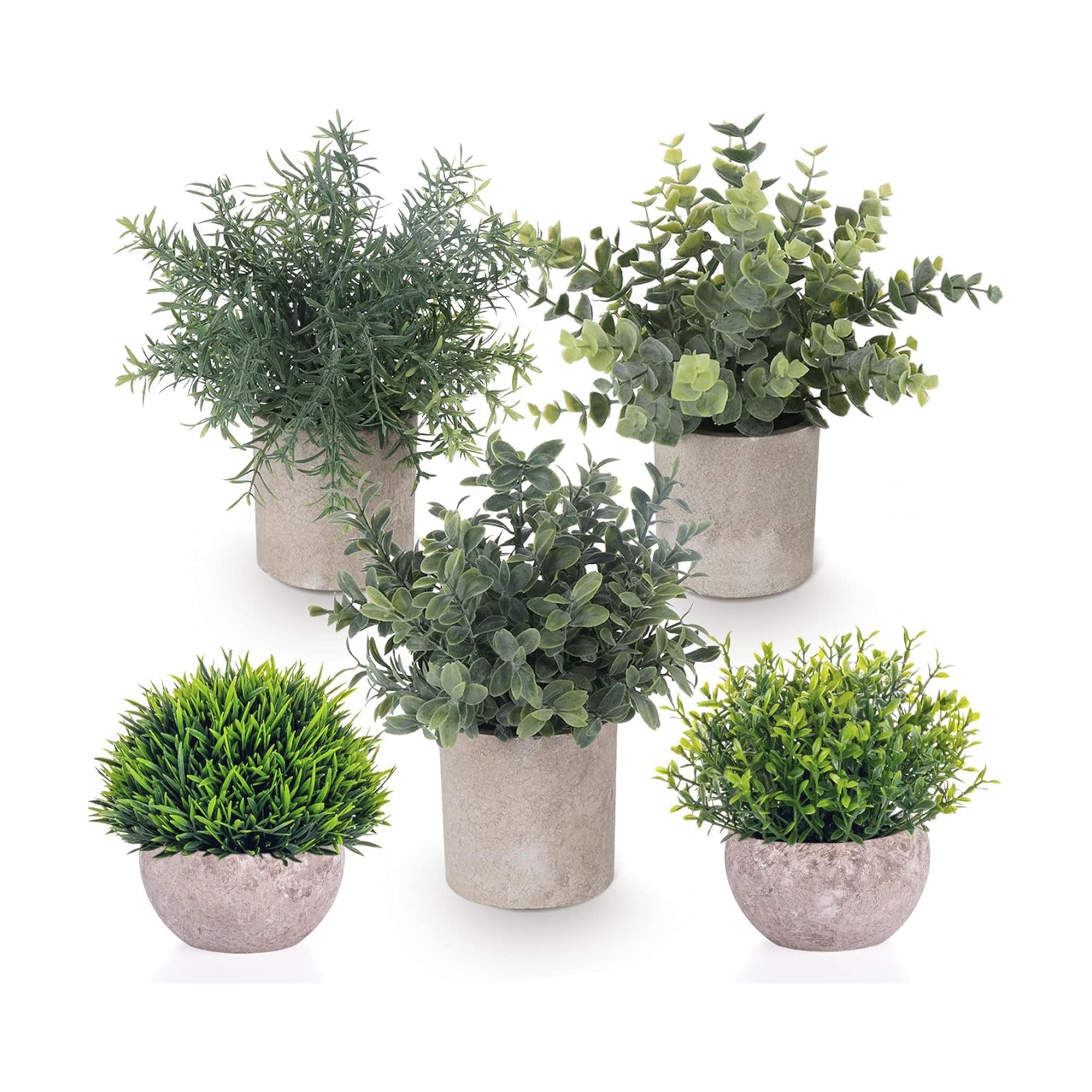 Artificial Eucalyptus Mini Potted Plant Indoor Greenery Plastic Fake / 2 Green+3 Grey / Set of 5