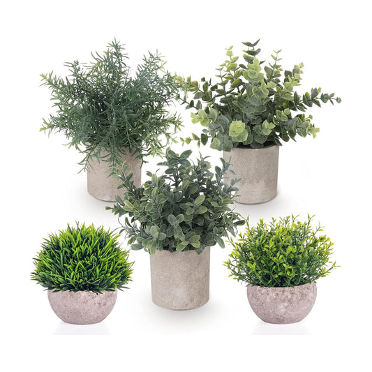 Artificial Eucalyptus Mini Potted Plant Indoor Greenery Plastic Fake / 2 Green+3 Grey / Set of 5