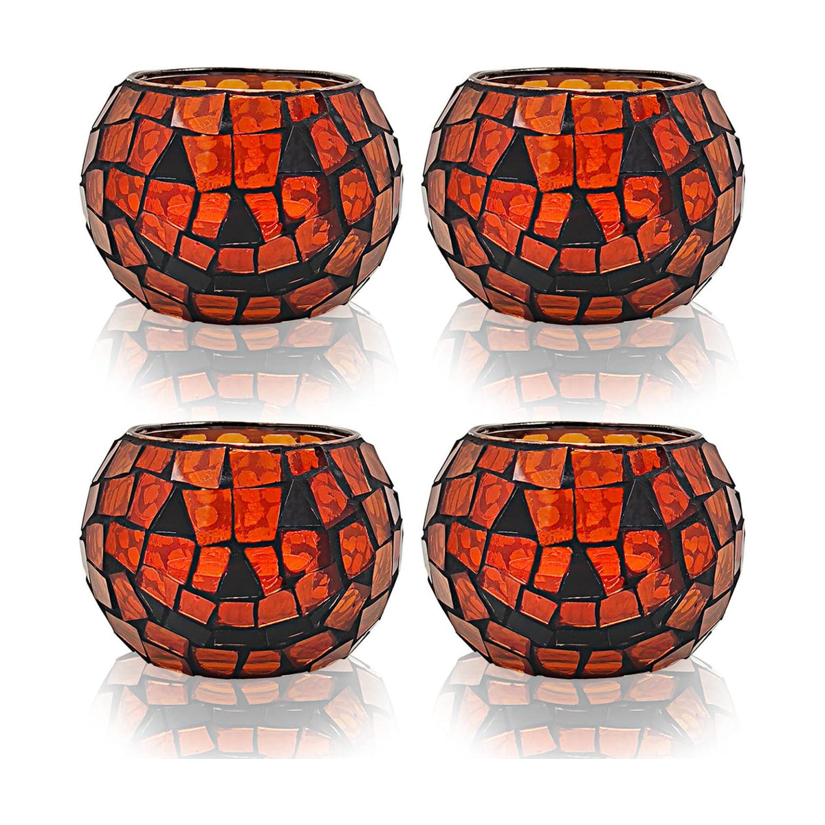 SHMILMH Halloween Candles Holder Set of 4, Grimace Tealight Holders, Handmade Mosaic Pumpkin Glass Votive Candle Holders for Halloween Table Centerpiece Home Decor