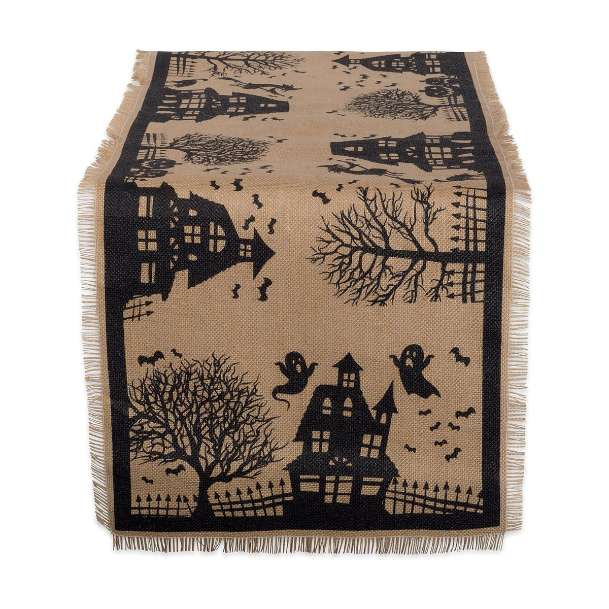 DII Halloween Primitive Style Burlap Tabletop Décor, Spooky Haunted House Jute, Table Runner, 14x113, Black & Tan