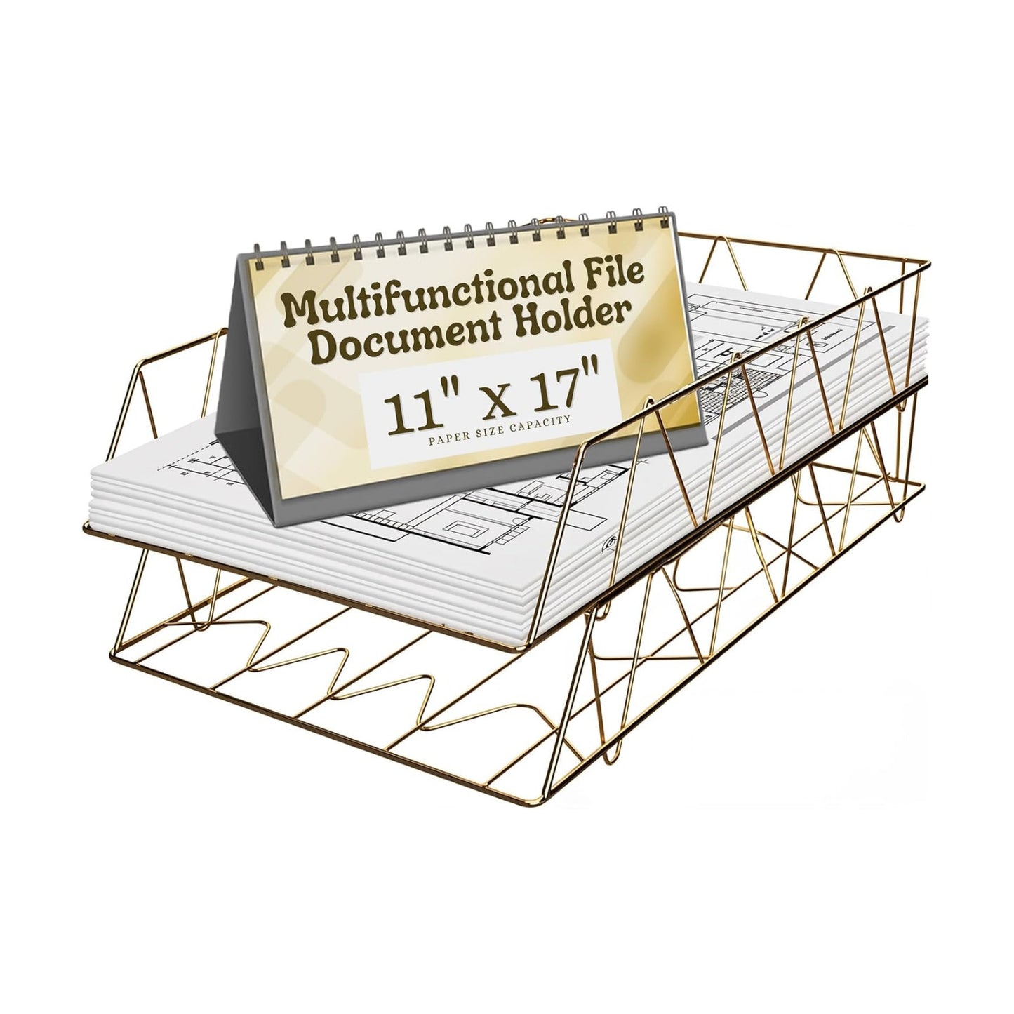 Performore 11x17 Stackable Metal Paper Tray Organizer, 2-Tier Wire Desk Trays for Office & Home, Gold File Holder for