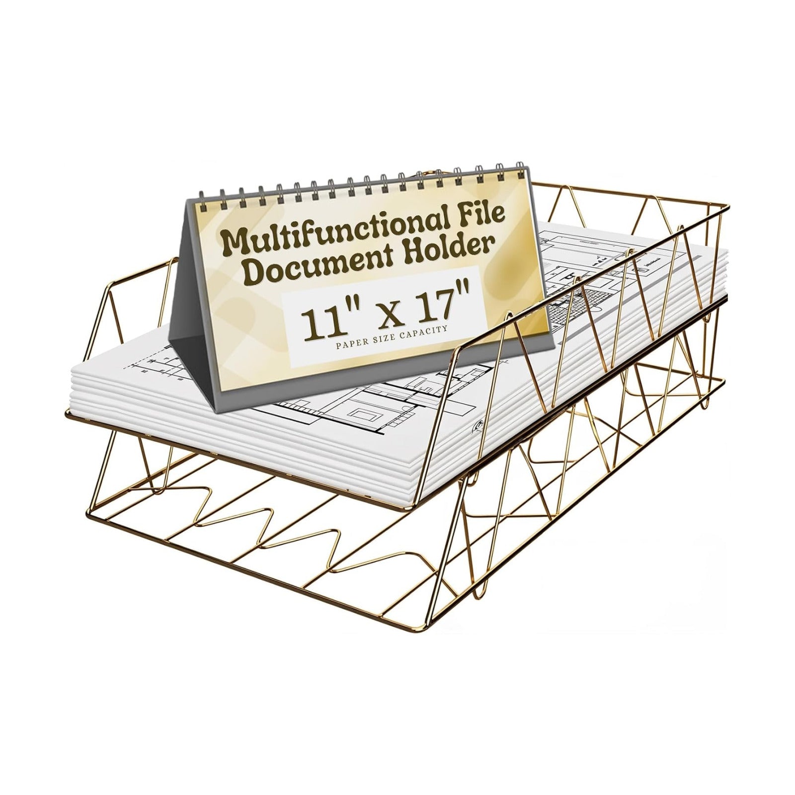 Performore 11x17 Stackable Metal Paper Tray Organizer, 2-Tier Wire Desk Trays for Office & Home, Gold File Holder for