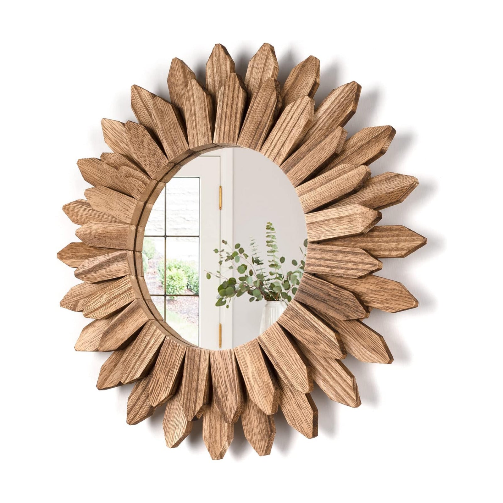 Wall Mirror Decorative Rustic Wood Mirror Sunburst Boho Mirror / Carbonized Black / 12 Inch