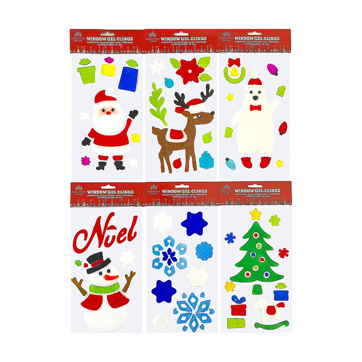 Christmas Window Gel Clings Stickers for Glass & Mirrors, 6 Reusable Sheets