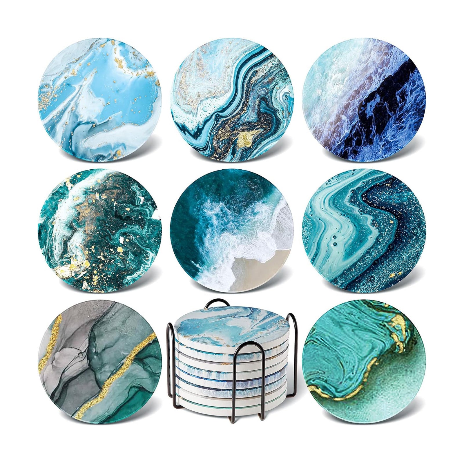 Holder / Marble Ocean Pattern Ceramic Absorbent Ocean Style Absorbent Ceramic Coasters / Set of 8