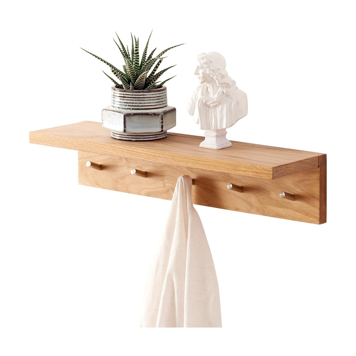 Coat Rack Shelf Wall Mounted Oak Wood Entryway Shelf with 5 Hooks Wall Coat Hook Rack with Floating Shelf for Bedroom