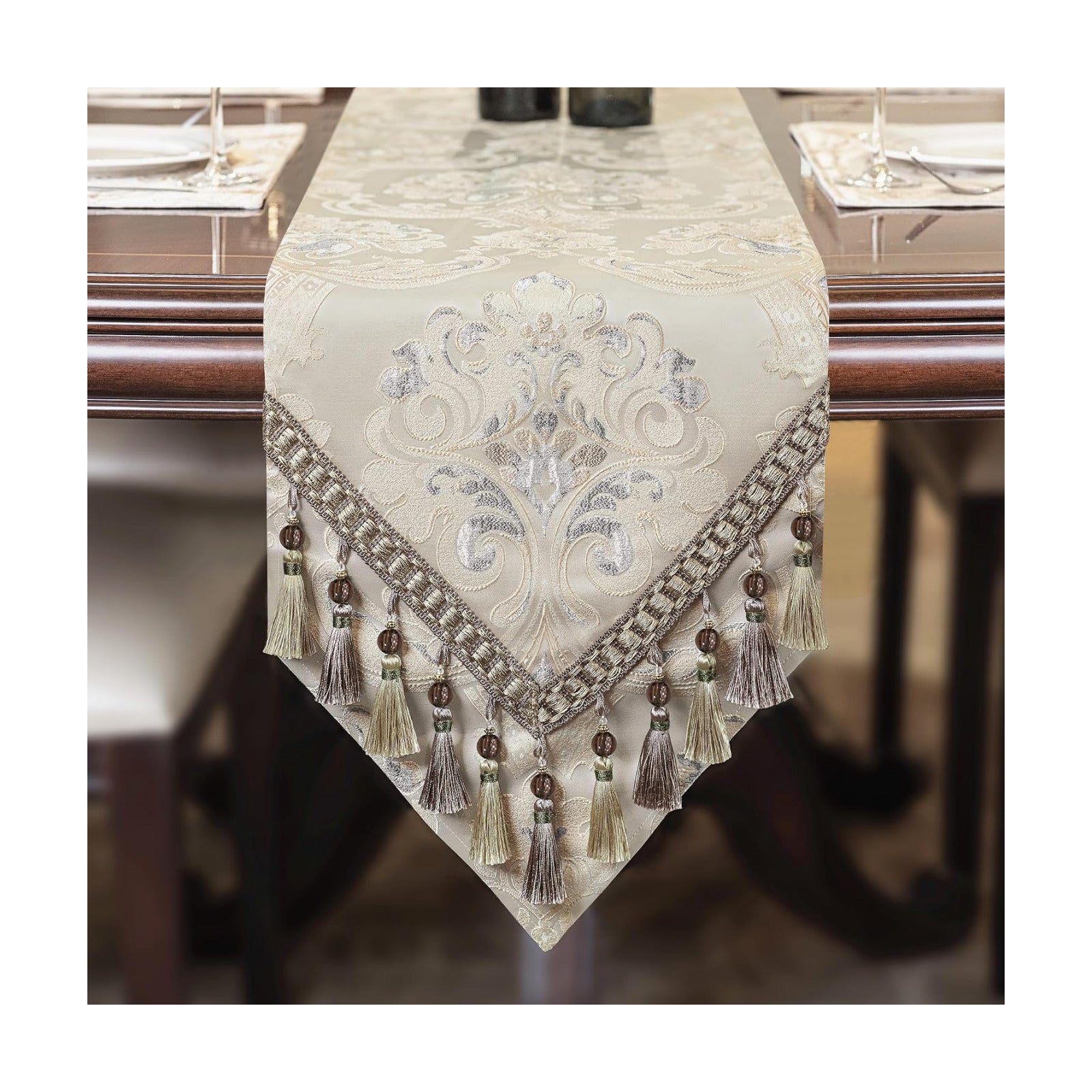 Loom and Mill Luxury Jacquard Table Runner 72 Inches Long, Light Apricot | Damask Floral Dining Table Runner with
