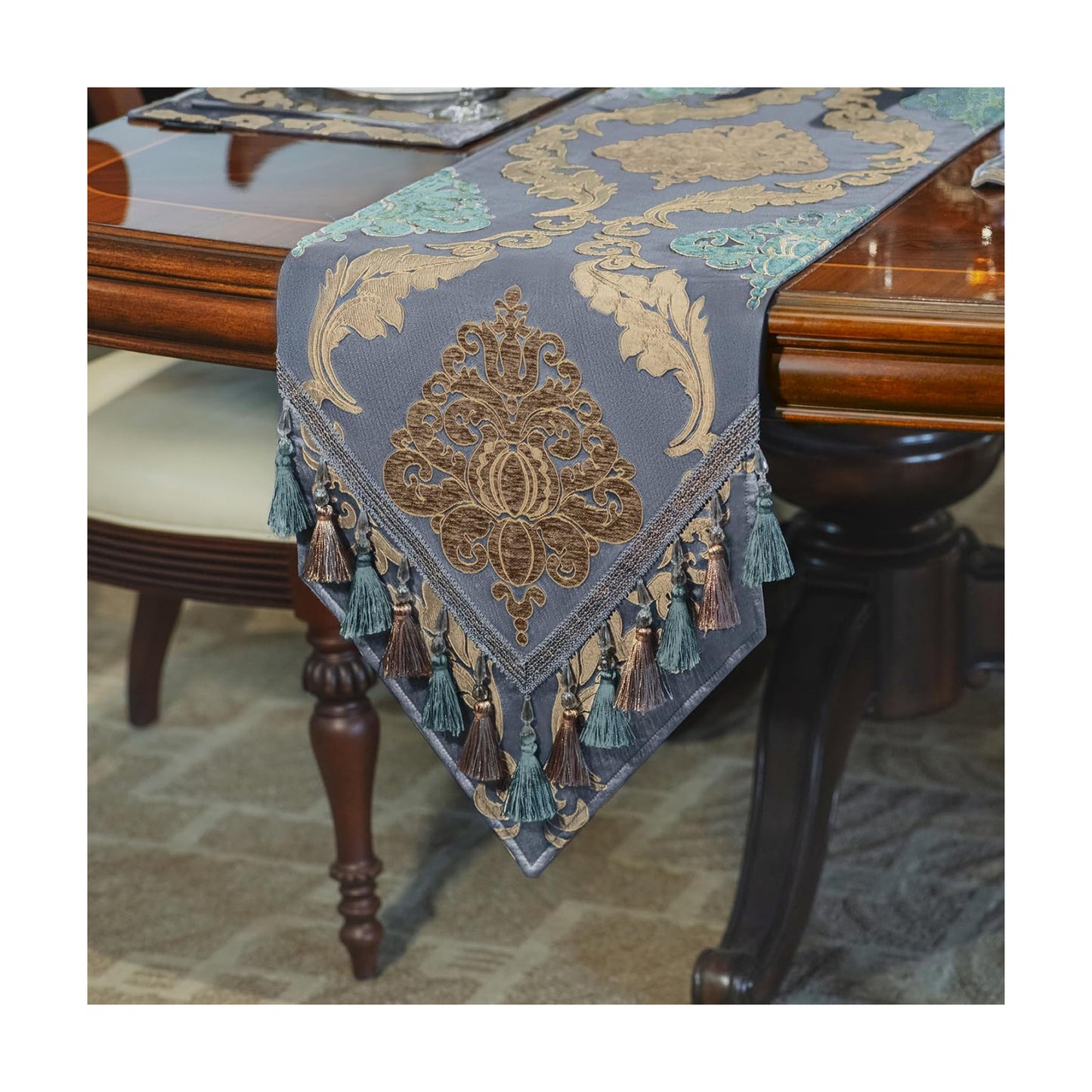 Loom and Mill Luxury Damask Table Runner 72 Inches Long, Grey Blue | Traditional Jacquard Table Runners with Handmade