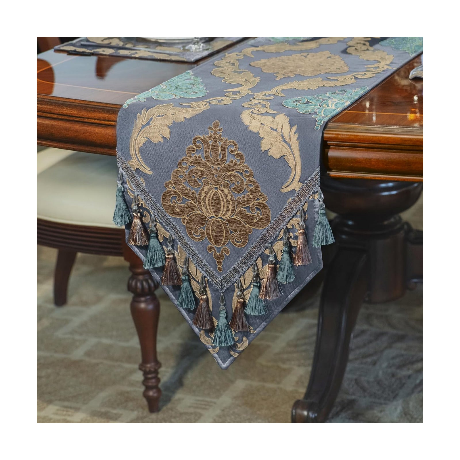 Loom and Mill Luxury Damask Table Runner 108 Inches Long, Grey Blue | Traditional Jacquard Table Runners with Handmade
