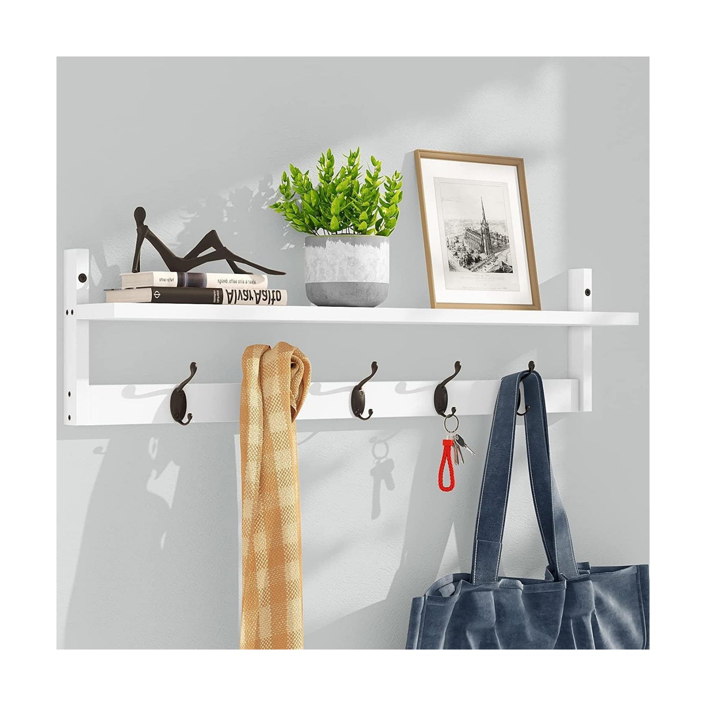 AMBIRD Wall Hooks with Shelf | Entryway Hanging Wood Coat Hooks | Wall-Mounted Rack with 5 Dual Hooks | Bathroom