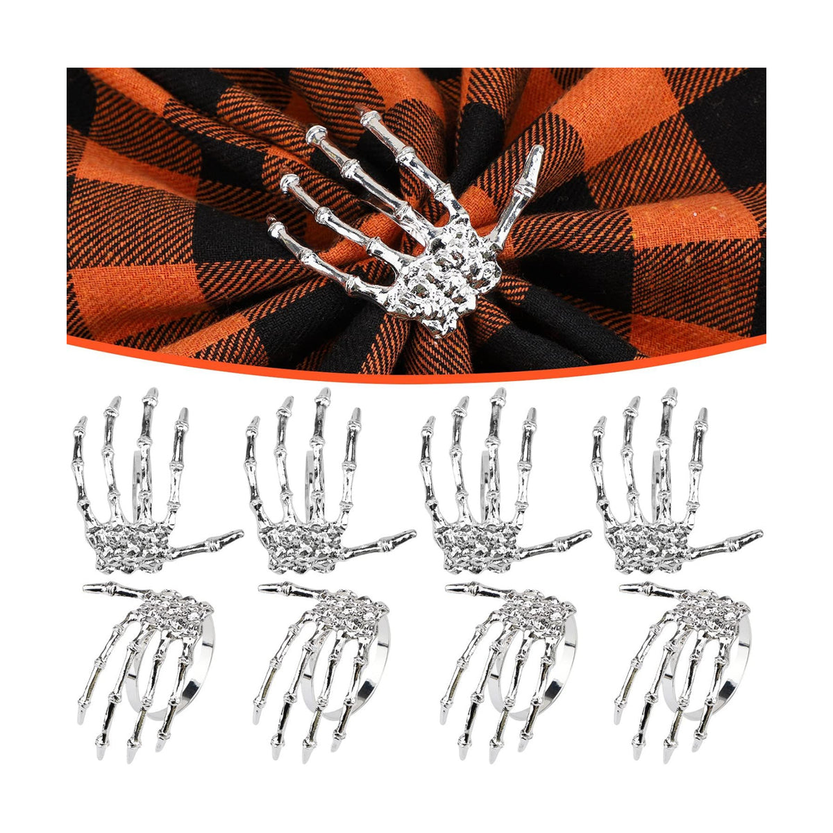 Halloween Napkin Rings Decoration 8 Pcs, Metal Rings Holders for Home Birthday Party Dinner Table Favors Supplies Halloween Bar Dinning Costume Decor (Silver Skeleton Claw)