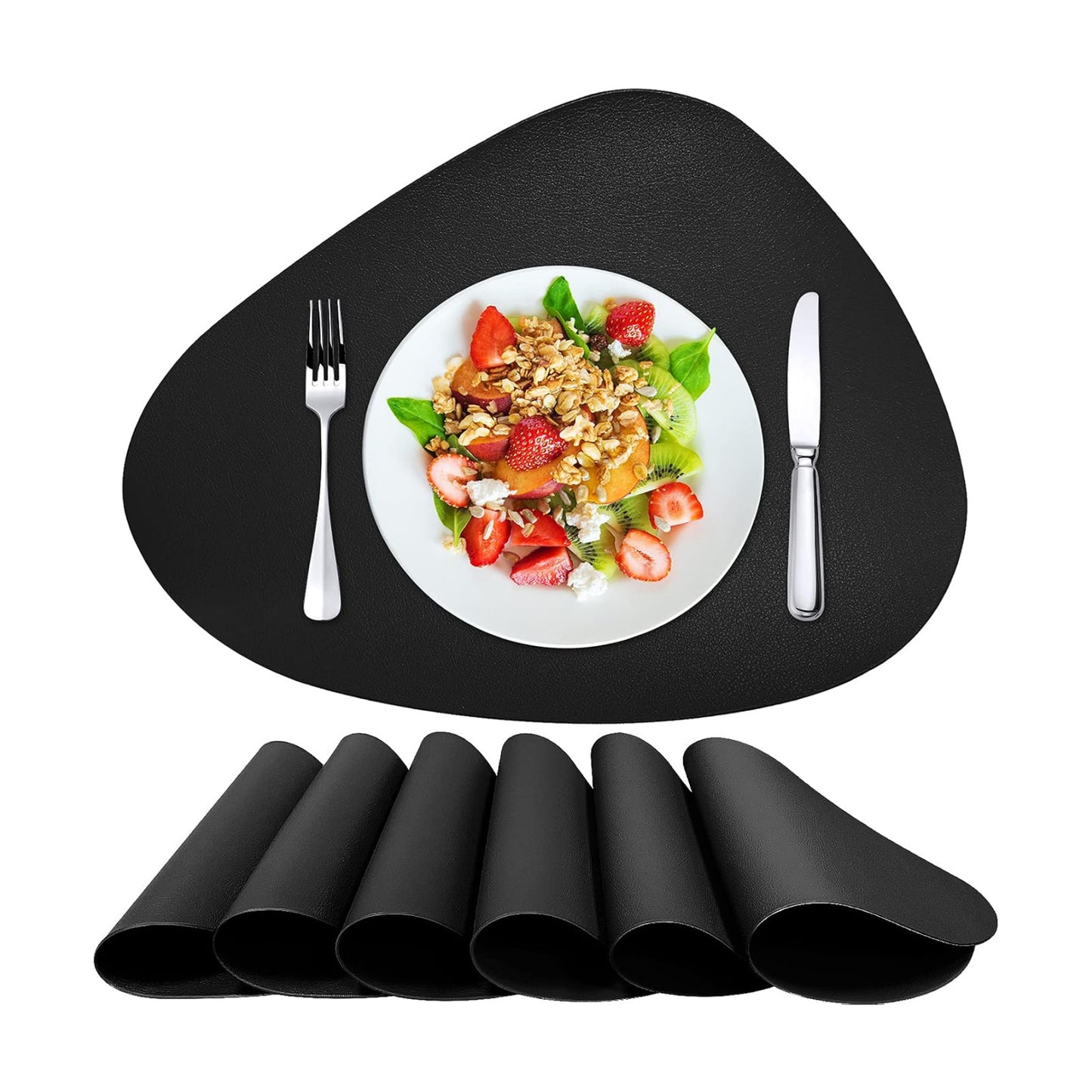 Herda Black Placemats Set of 6 for Dining Table Mats, Faux Leather Place Mats Wipeable Washable Placemats for Round