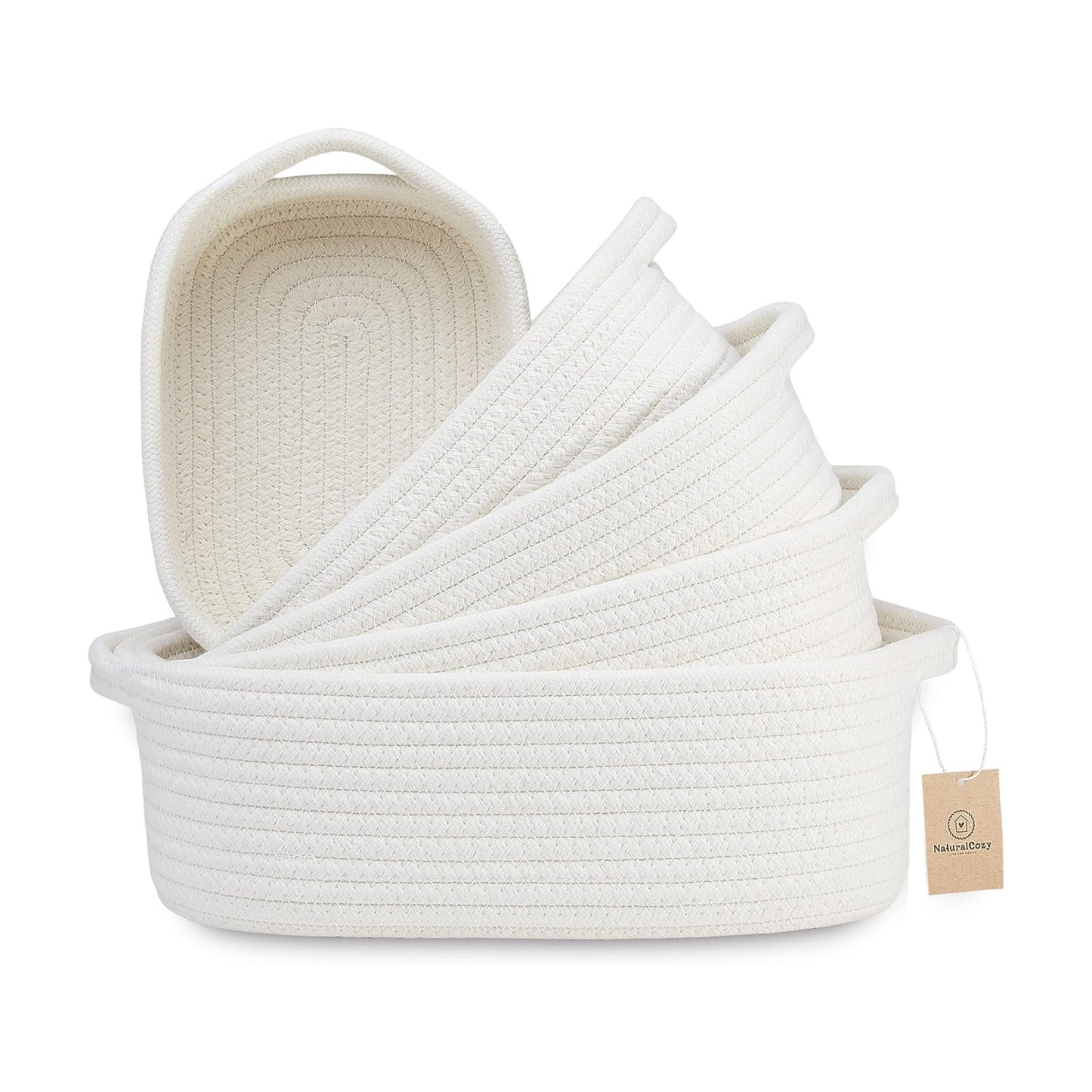 5-Piece Rectangle Storage Basket Set- Natural Cotton Rope Woven for Organizing! Small / Off White