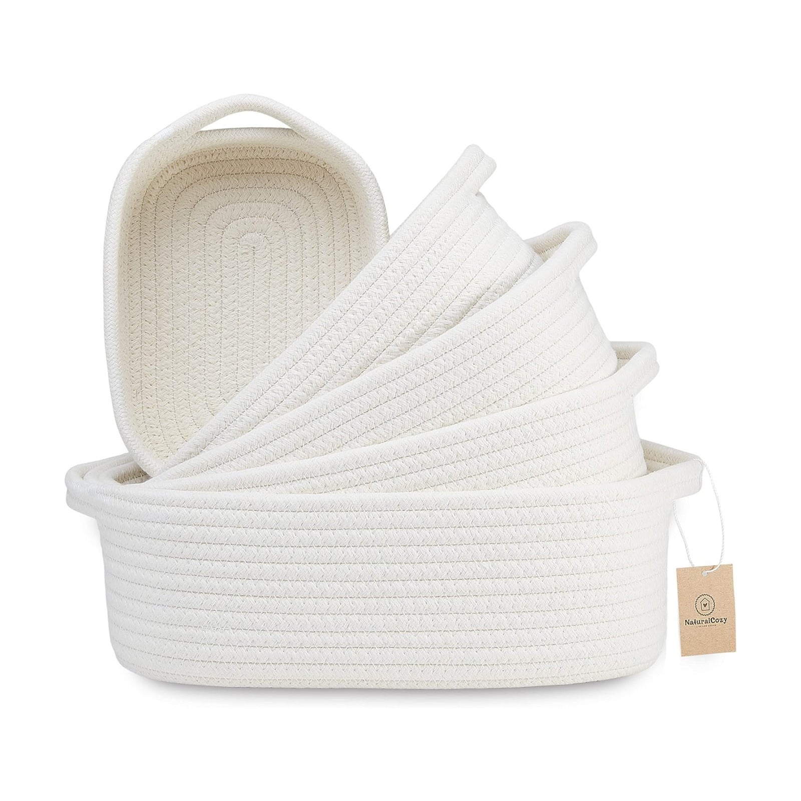 5-Piece Rectangle Storage Basket Set- Natural Cotton Rope Woven for Organizing! Small / Off White