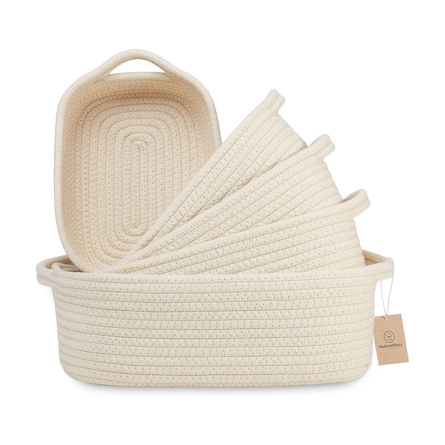 5-Piece Rectangle Storage Basket Set- Natural Cotton Rope Woven Baskets for Organizing! / Beige