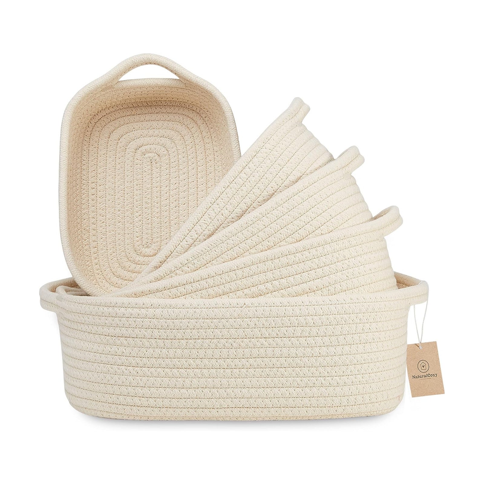 5-Piece Rectangle Storage Basket Set- Natural Cotton Rope Woven Baskets for Organizing! / Beige