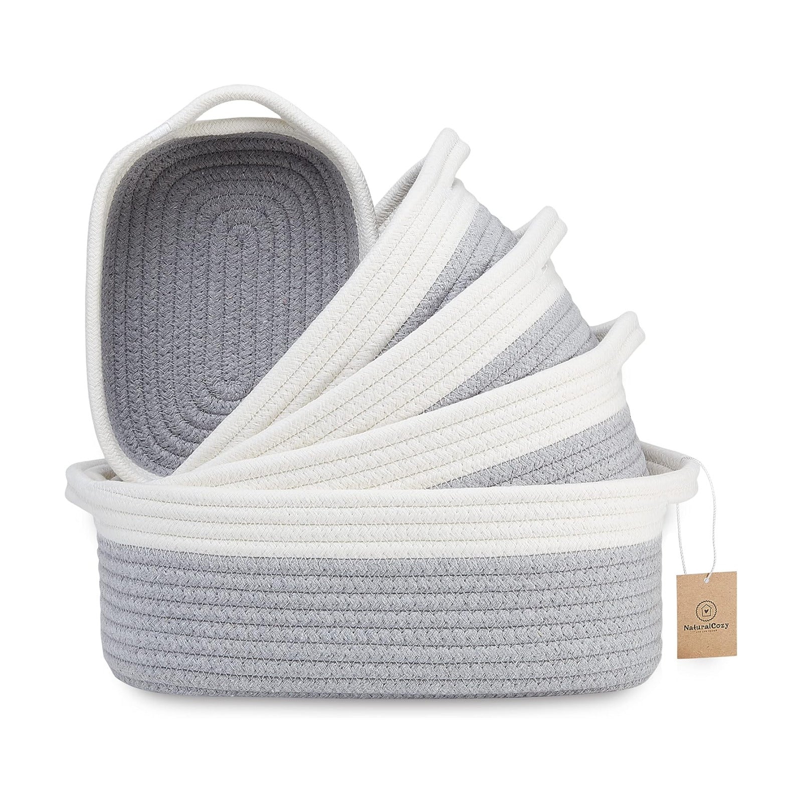 5-Piece Rectangle Storage Basket Set- Natural Cotton Rope Woven Baskets / Off White & Gray