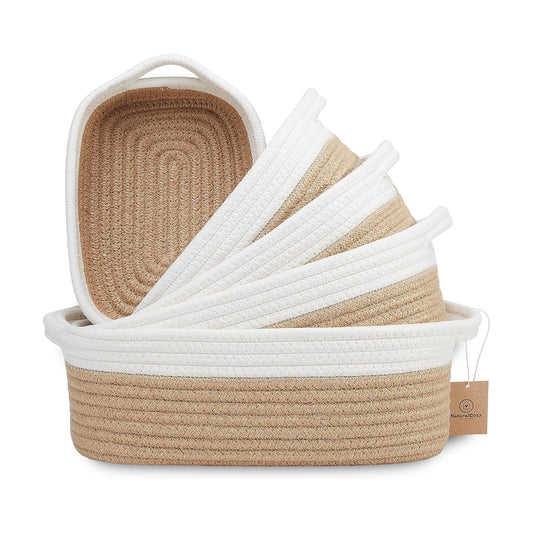 5-Piece Rectangle Storage Basket Set- Natural Cotton Rope Woven Baskets / Off White & Jute