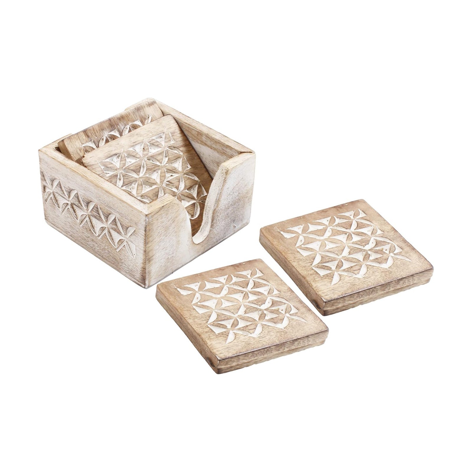 Holder Stand / Wooden Whitewash Coasters / Design4 / White / Set of 6