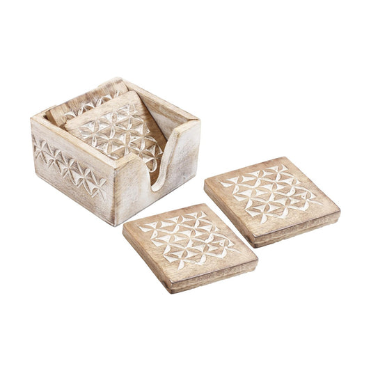 Holder Stand / Wooden Whitewash Coasters / Design4 / White / Set of 6