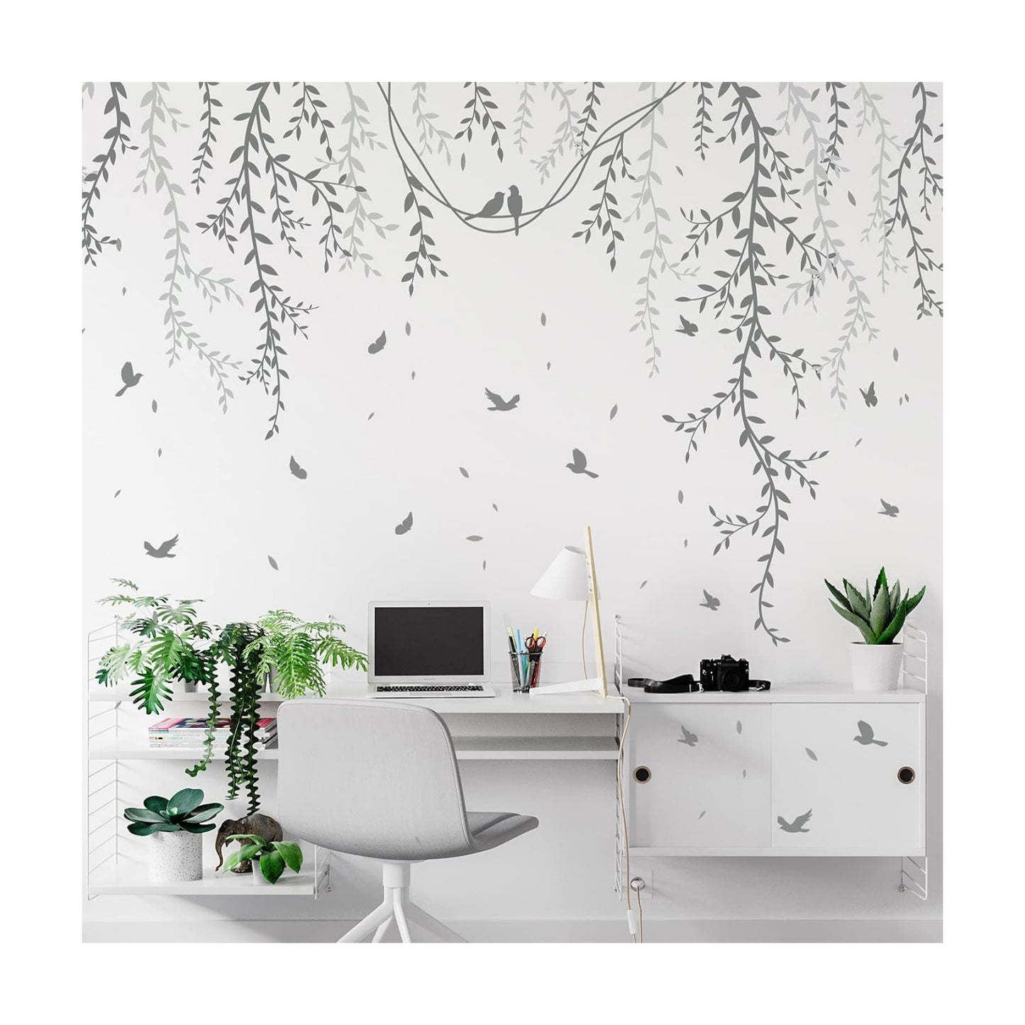 Hanging Willow Branch Wall Stickers DIY Vine Leaf Plant Wall Decals Peel and Stick Grass / Grey