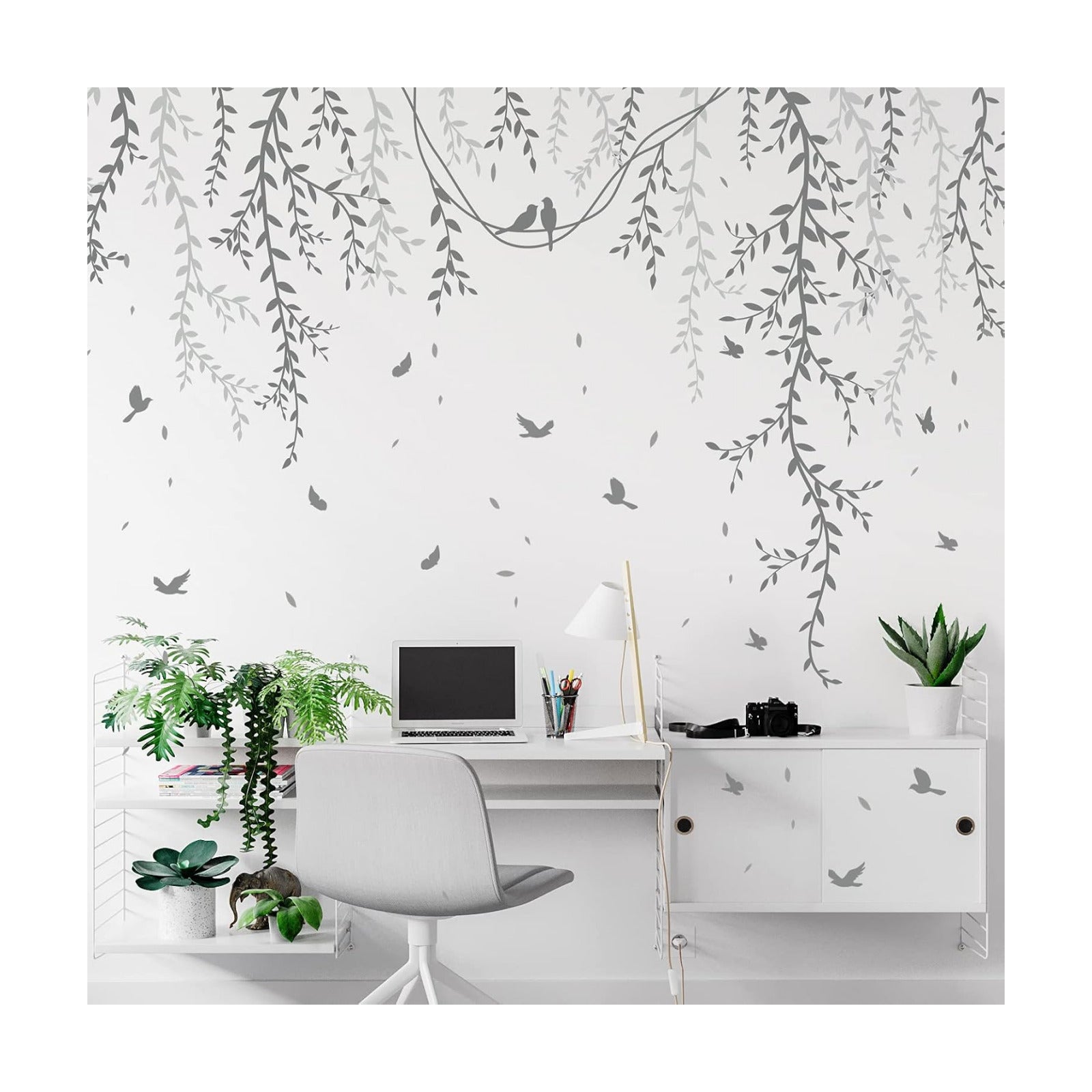 Hanging Willow Branch Wall Stickers DIY Vine Leaf Plant Wall Decals Peel and Stick Grass / Grey