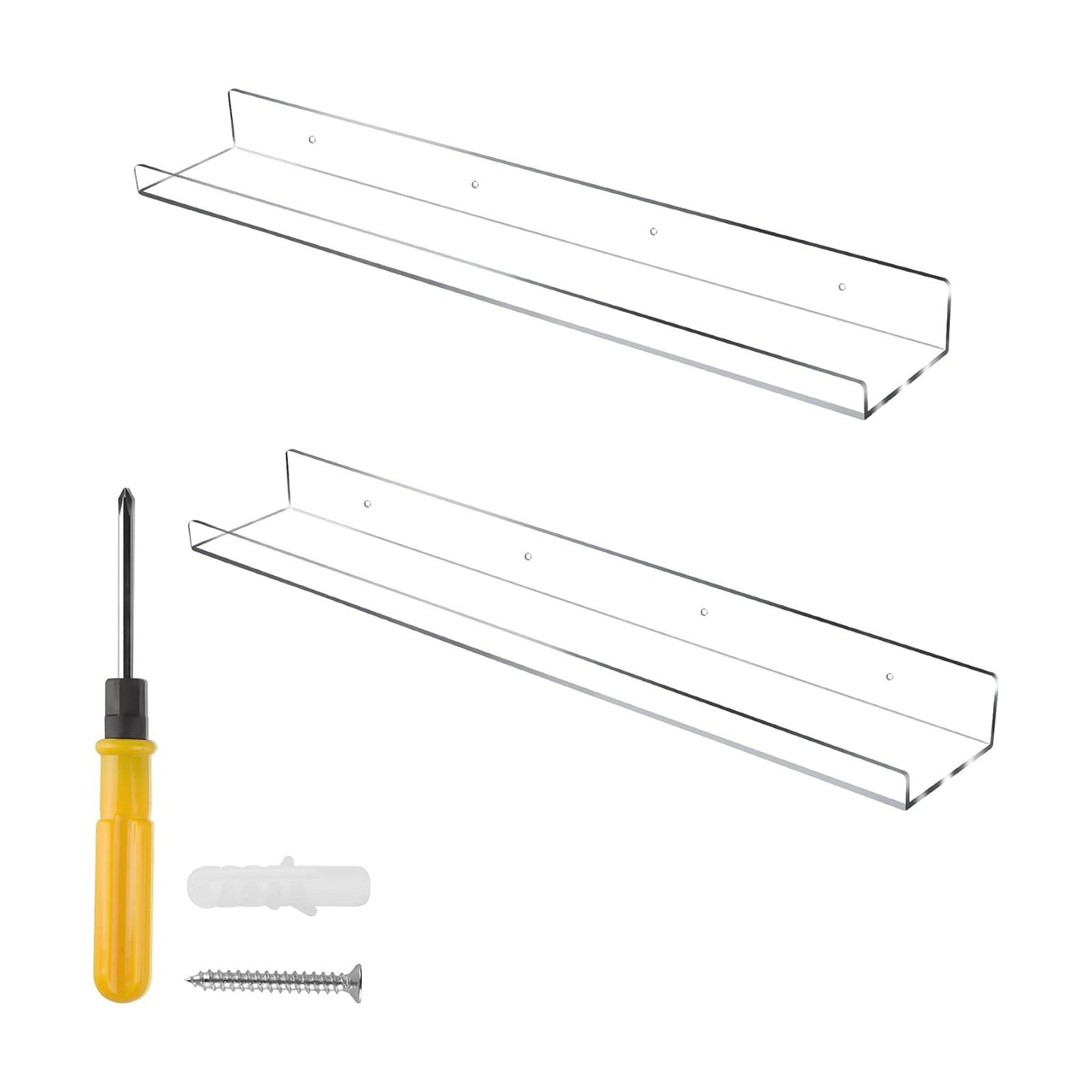 Jansburg Floating Shelves 24 inch Acrylic Wall Ledge Shelves Clear 2 Pack Invisible Display Bookshelf, 5MM Thick